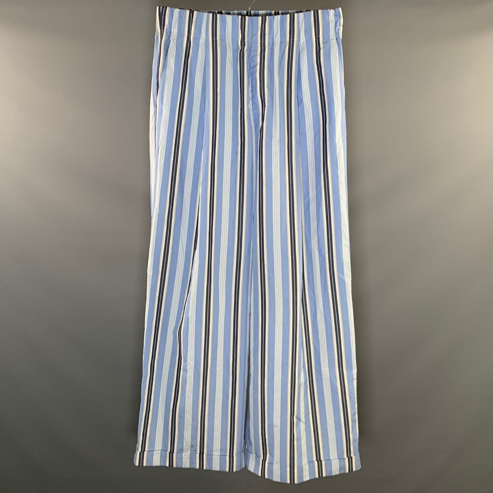 DRIES VAN NOTEN Size L Blue White Stripe Cotton Elastic Waistband Casual Pants